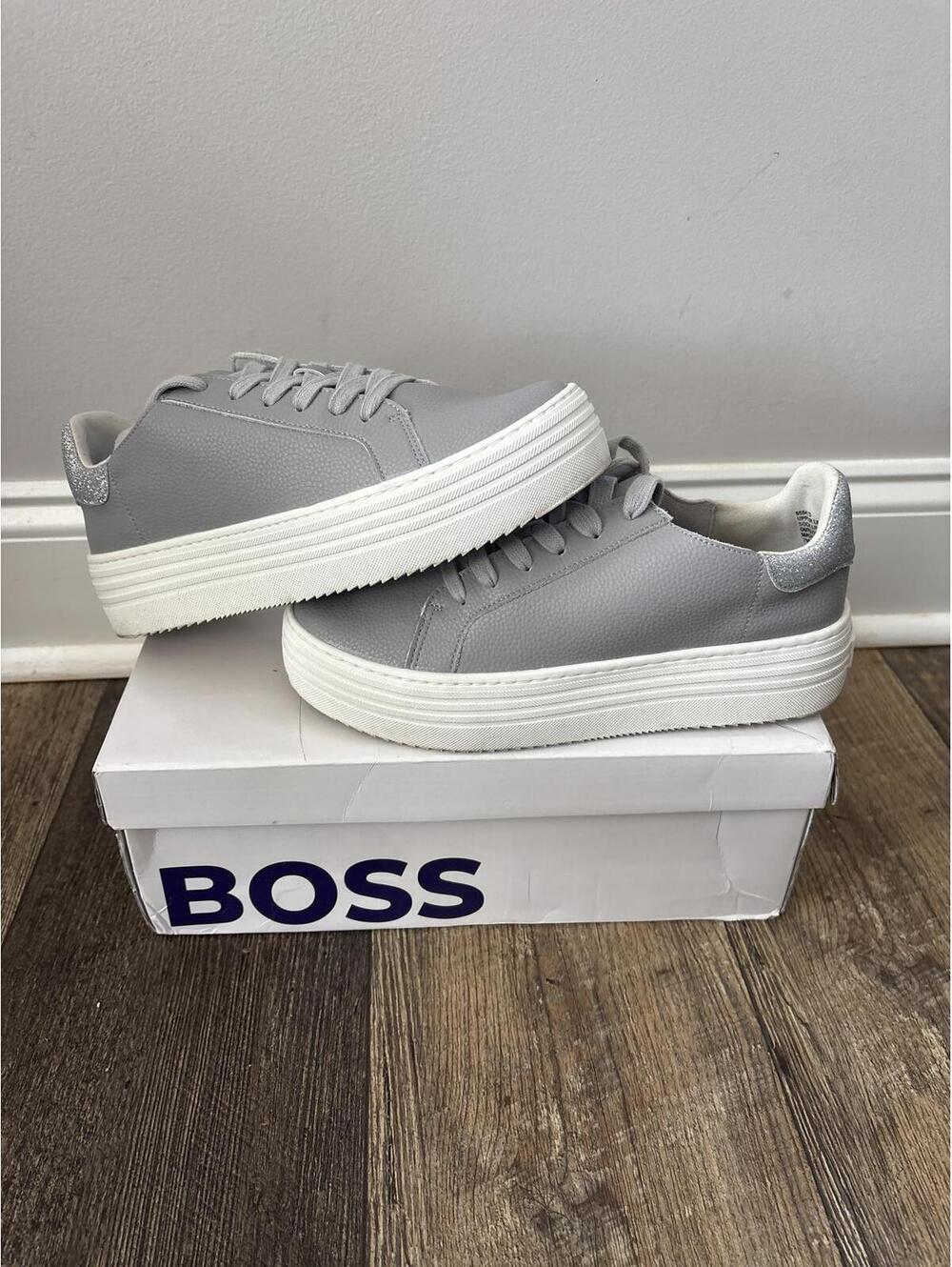 BOSS Women's Gray Leather Sneakers size 7 shoes  with White Platform Sole [COPY]